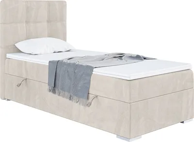 Produktbild von MEBLINI Boxspringbett mit Bettkasten - Gepolstert Einzelbett mit Matratze und Topper - Polsterbett mit Stauraum - Bett mit Kopfteil - Stauraumbett - KAI - 80x200 Links - H3/Beige Samt