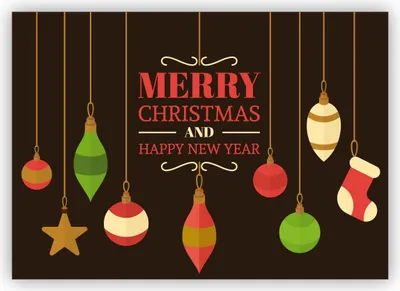 Produktbild von 4x Edle braune englische Weihnachtskarte mit Retro Weihnachtsbaum Schmuck: Merry Christmas and happy new year