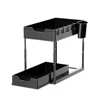 Produktbild von Schrank Organizer ausziehbar – Mehr Platz & Ordnung unter der Spüle | 2-stufiges Regal für Küche & Bad mit Haken