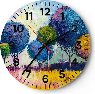 Produktbild von Wanduhr - Rund - Glasuhr - Bäume Wiese Sommer - 30x30cm - Schleichendes Uhrwerk - Lautlos - zum Aufhängen bereit - Dekoration Modern - Wanddekoration aus Glas - C4AR30x30-4056