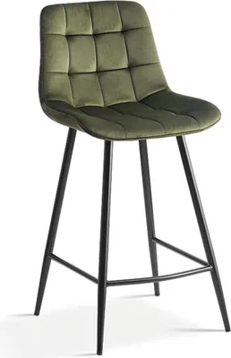 Image de Chaise de comptoir JUTE – Velours vert – Pieds en métal – Hauteur 95 cm – Style élégant
