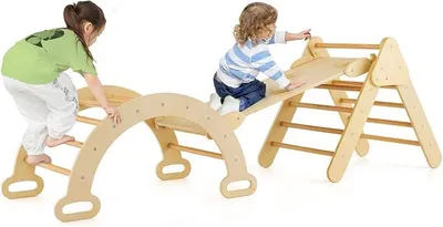 Imagen del producto de Silecomplaza, estructura de juego triangular 4 en 1 con tobogán, balancín, arco de escalada y escalera, juego de escalada de madera con rampa de doble cara, ideal para niños a partir de 1 año (color natural, sin cojines)