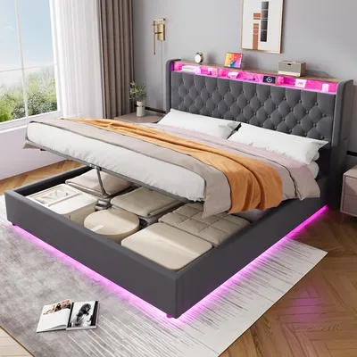 Produktbild von MODFU Boxspringbetten 180x200 mit Bettkasten,Doppelbett mit Stauraum-Kopfteil,Polsterbett mit LED und Steckdose,ohne Matratze,Dunkelgrau