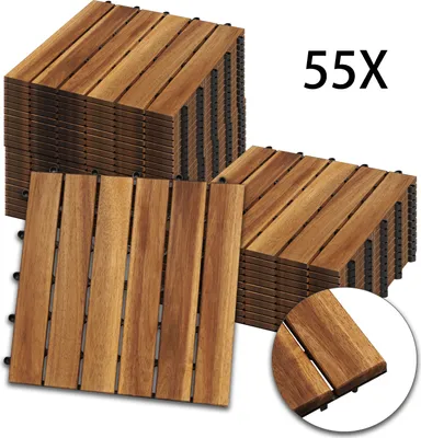 Produktbild von Hengda Holzfliesen 55-er Kachel Set 5m² geeignet als Terrassenfliesen und Balkonfliesen Klickfliesen aus Akazien Holz Mosaik 30x30 cm für Garten Terrasse Balkon