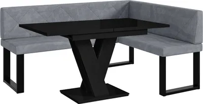 Produktbild von MEBLINI Eckbank für Esszimmer mit ausziehbarem Tisch - Küchenbank - Essecke - Sitzecke Küche - ERIC - U-Beine 128x168x87cm Rechts - Grau Samt/M Schwarz Hochgl.