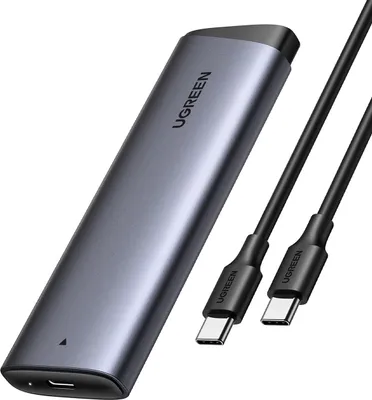 A gray M.2 NVMe SSD enclosure with two black USB-C cables on a white background.