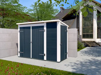 A storage shed is shown in a backyard setting next to a house.