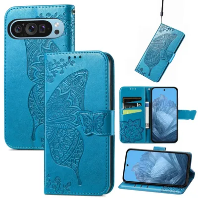 Image de Étui portefeuille en similicuir pour Google Pixel 9 / 9 Pro, motif papillon, bleu
