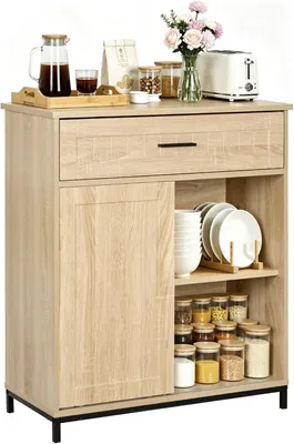 Produktbild von WOLTU Sideboard, Küchenschrank mit Arbeitsplatte, Aufbewahrungsschrank mit Schiebetür Schublade : Helle Eiche + Schwarz Farbe: Helle Eiche + Schwarz