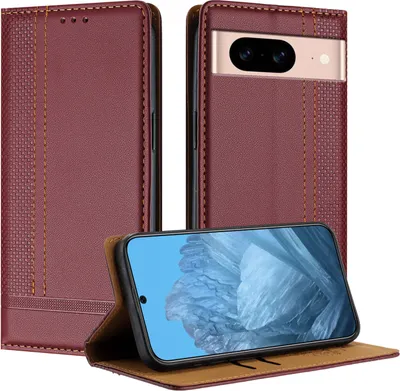 Produktbild von Handyhülle für Google Pixel 8A Leder Flip Klappbare Schutzhülle mit Standfunktion Dunkelrot