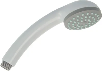 A white shower head with a gray nozzle area and light blue water jets is shown against a white background.