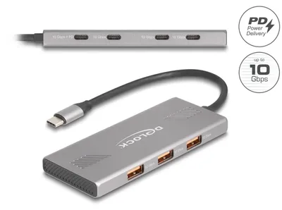 Produktbild von DeLOCK 64313, USB 3.2 Gen 2 (3.1 Gen 2) Type-C, USB 3.2 Gen 2 (3.1 Gen 2) Type-A, USB 3.2 Gen 2 (3.1 Gen 2) Type-C, 10000 Mbit/s, Grau, Aluminium, 80 W