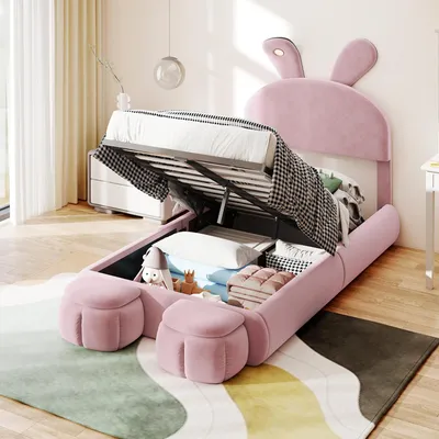 Obrázek produktu pro MODFU dětská čalouněná postel 90×200 cm s teplým LED osvětlením, postel pro mládež jednolůžko s čelem ve tvaru zaječího ucha a dvěma úložnými taburety, sametová (bez matrace), skříňová pružinová postel hydraulická s úložným prostorem na dně postele, sametově růžová