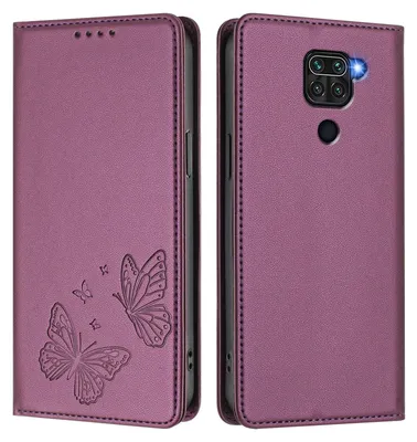 Produktbild von Lederhülle für Xiaomi Redmi Note 9 4G, Schmetterling Prägung Leder Brieftasche Schutzhülle mit Ständer Lila