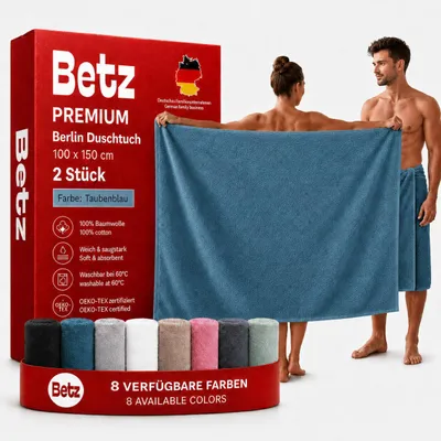 Produktbild von Betz Maxi Duschtuch Berlin 2 Stück – großes Frottee Duschtuch 100x150 cm aus 100% Baumwolle – saugstark & weich – hochwertiges Handtuch -  taubenblau