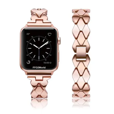 Produktbild von FFO2World Dünnes Metallarmband für Apple Watch 42–49 mm (Serie 1–11, Ultra) – Diamantförmiges Edelstahl-Kettenarmband für Damen – Roségold