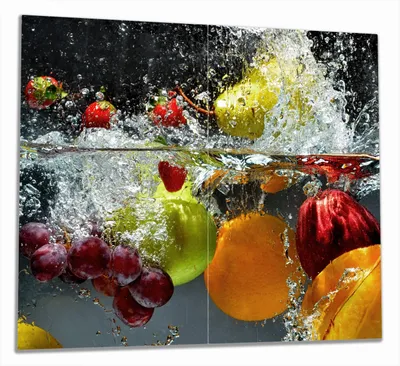 Produktbild von Wallario Herdabdeckplatte aus Glas, Größe 60 x 52 cm 2-teilig, Motiv Früchte im und unter Wasser - Splashing Fruits