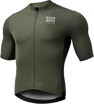 Image de ROCKBROS - Maillot de vélo à manches courtes pour hommes, respirant et à séchage rapide, idéal pour vélo de route et VTT, couleur olive, taille 2XL