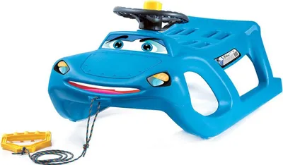 A blue plastic children's sled shaped like a car with a steering wheel and a tow rope.