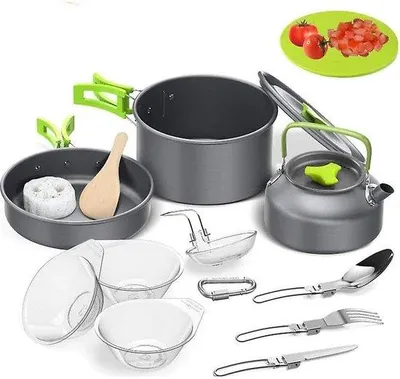 Produktbild von Zwei-Personen-Campingkochset, 14-teiliges Outdoor-Camping-Kochset mit Camping-Pfanne und Topf, tragbarer Camping-Kochpottenset für Camping, Outdoor-Kochen, Wandern, Reisen