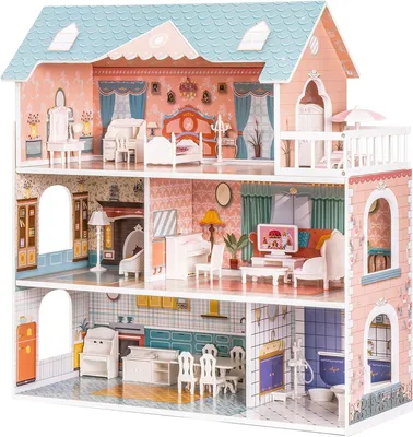 Image de Maison de poupées en bois avec meubles, pour enfants de 3 à 6 ans