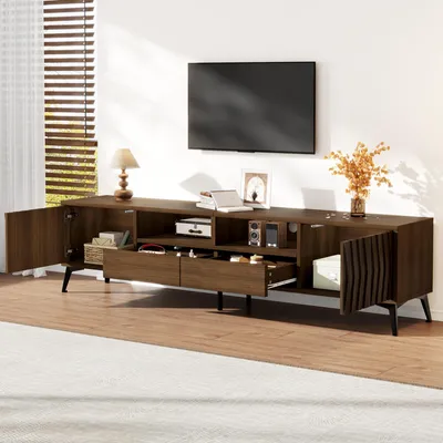 Immagine prodotto di MODFU Mobile TV, 180x35x45 cm, mobile da TV con 2 cassetti e 2 ante, pensile TV per schermi da 75 pollici, mobile TV con finitura effetto noce