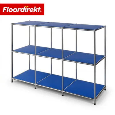 Image de Étagère métallique Floordirekt Concept Epure MK-018, L 116 × P 40 × H 82 cm, bleue, buffet et meuble bas avec 3 étagères ouvertes, structure en métal chromé
