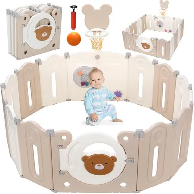 Produktbild von Laufstall Spielbox Kinderlaufgitter - 143 x 143 x 64 cm - 12 Paneele - Mit Basketballkorb - Klappbar