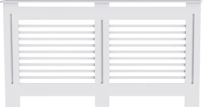 A white radiator cover with horizontal slats.
