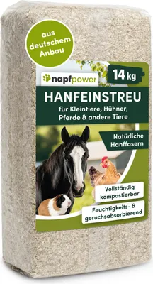 Produktbild von napfpower Hanfeinstreu 14 kg für Hühner, Kleintiere & Pferde – staubarmes Hanfstreu für Hühner & Kleintiere – extrem saugfähiges & kompostierbares Hanf Einstreu für Tierställe