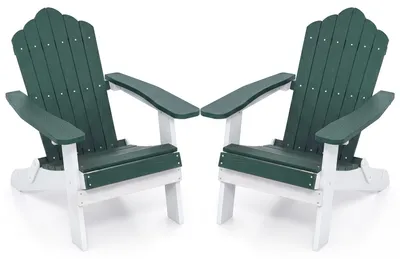 Image de COSTWAY, lot de 2 chaises Adirondack pliantes, en plastique, supportant jusqu'à 180 kg, chaises de jardin résistantes aux intempéries, avec un dossier haut et de larges accoudoirs