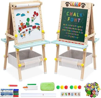 Produktbild von Famanu Kinderstaffelei mit doppelseitigem Whiteboard und Schultafel - Kreative Staffelei mit Zubehör für Kleinkinder