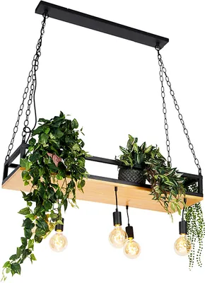 Produktbild von QAZQA - Industrie I Vintage I Industrie I Vintage I Hängelampe I Pendellampe I Pendelleuchte schwarz mit Holz 5-flammig-Licht - Regal I Wohnzimmer I Schlafzimmer - Rechteckig I Länglich - LED geeignet
