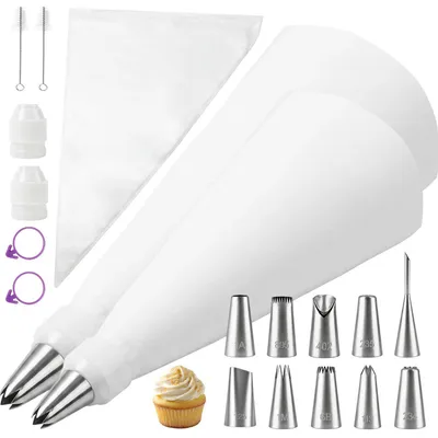 Produktbild von Spritzbeutel Set 38-teilig mit 2 Baumwoll Spritztüten 30 & 35 cm, 10 Edelstahl Tüllen, 20 Einwegbeutel