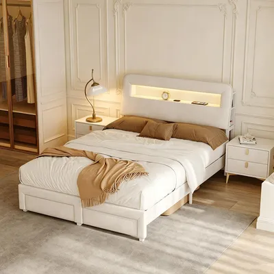 Produktbild von INONEFT Polsterbett 140x200 cm mit LED, Doppelbett Boxspringbett mit USB Ladestation & 2 Schubladen, Bettgestell mit Lattenrost, Beige, Samt.