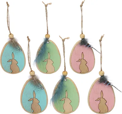 Produktbild von COM-FOUR® 6x Dekoaufhänger, Holz-Osterei mit Osterhase, Holzdeko zum Aufhängen an Pflanzen und Wänden, süße Osterdekoration [Auswahl variiert]