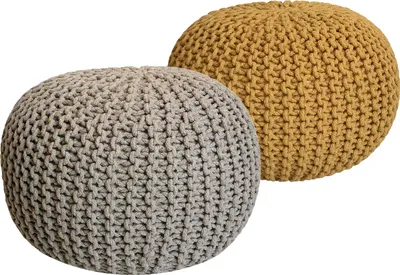 Produktbild von Strickhocker 2er Set Pouf Sitzpouf Sitzpuff Pouf Bodenkissen Ø 55cm beige/gelb