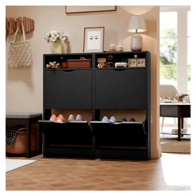 Produktbild von Schmaler Schuhschrank mit 4 Klappen, Platzsparendes Schuhregal für Diele/Flur/Garderobe, Schwarz