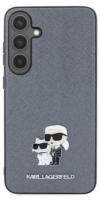 A close-up view of the back of a smartphone case with a textured gray finish and a Karl Lagerfeld design.