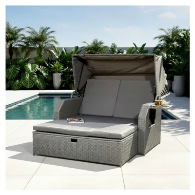 Produktbild von Strandkorb mit Sonnenschutz aus Polyrattan, Sonnenbett mit verstellbarer Rückenlehne und klappbaren Seitentischen, wetterfest für den Außenbereich