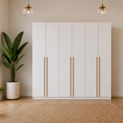 Produktbild von Drehtürenschrank SEVILLA 6D, Schlafzimmer, Kleiderschrank Schrank 230 cm Weiß/Weiß, Holzgriffe