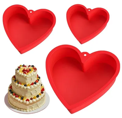 Image de 3 moules à gâteau en forme de cœur, antiadhésifs, en silicone, rouge, de 25,4 cm, 21 cm et 17 cm