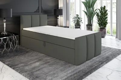 Produktbild von Boxspringbett, Jugendbett MOREN 90x200 (Links) mit Bettkästen, Bonell-Matratze und Topper. Farbe: Dunkelgrau.