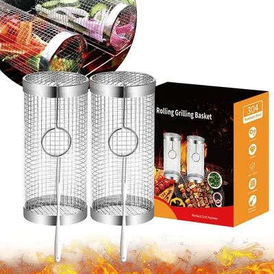 Imagen del producto de Cesta para barbacoa, parrilla redonda para barbacoa, rodillo giratorio para barbacoa para uso en exteriores, tamaño pequeño