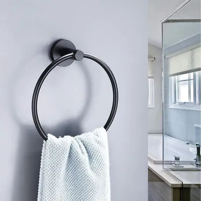 Image de Porte-serviettes mural, anneau rond en acier inoxydable noir mat pour salle de bain et cuisine (noir)