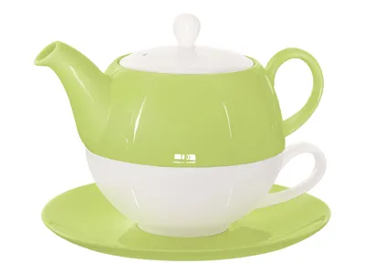 Produktbild von Buchensee Tea for one Set / Teeset Lena, Teekanne 500ml, Teetasse mit Untertasse, grün, Crystal Bone China Porzellan