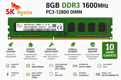 Produktbild von SK hynix 8GB DDR3 1600MHz PC3-12800 DIMM 240-Pin Desktop RAM  HMT41GU6BFR8A-PB