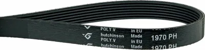 A black poly V belt with text printed on it.