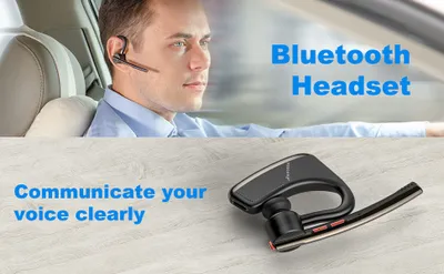 A man driving a car while wearing a Bluetooth headset, with a close-up of the headset below.