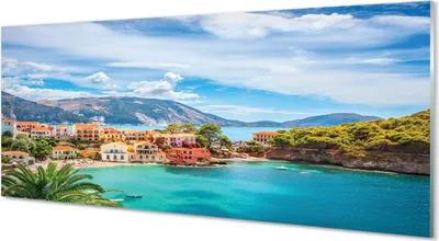 Produktbild von Glasbilder 125x50 Wandkunst Griechenland Küste Berge